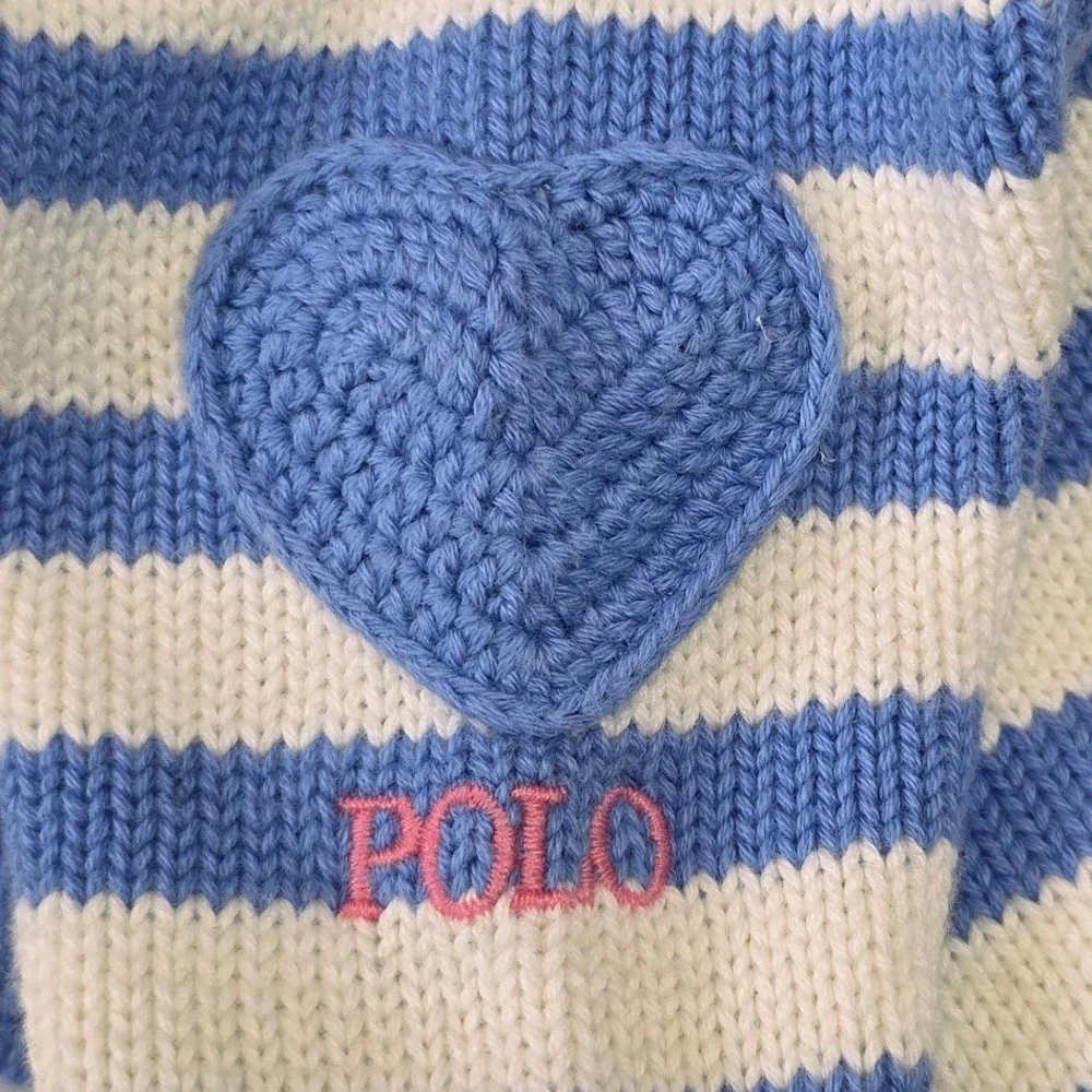 Ralph Lauren Size 6M‎ Baby Girls Blue White Stripe Cotton Sweater Heart Patch